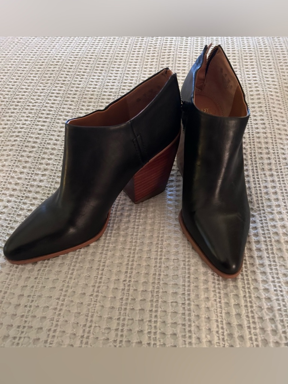SARTO By Franco Sarto Black Leather Pointed Ankle Booties with Tan heel, 10